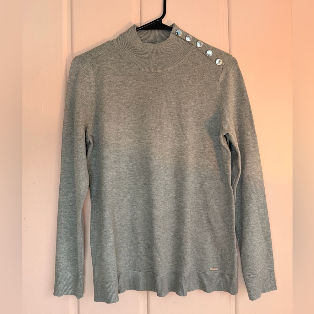 Calvin Klein Gray Turtleneck Sweater with silver Button Accents